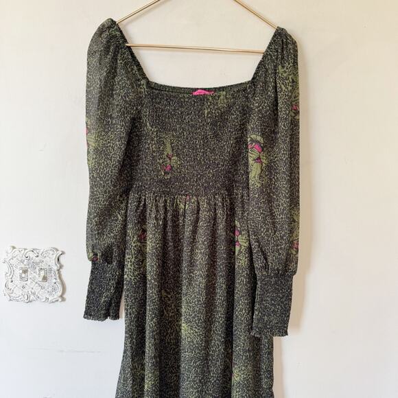 Betsy Johnson Green and Black Leopard animal Print Smocked Tiered Midi Dress S - Picture 6 of 12